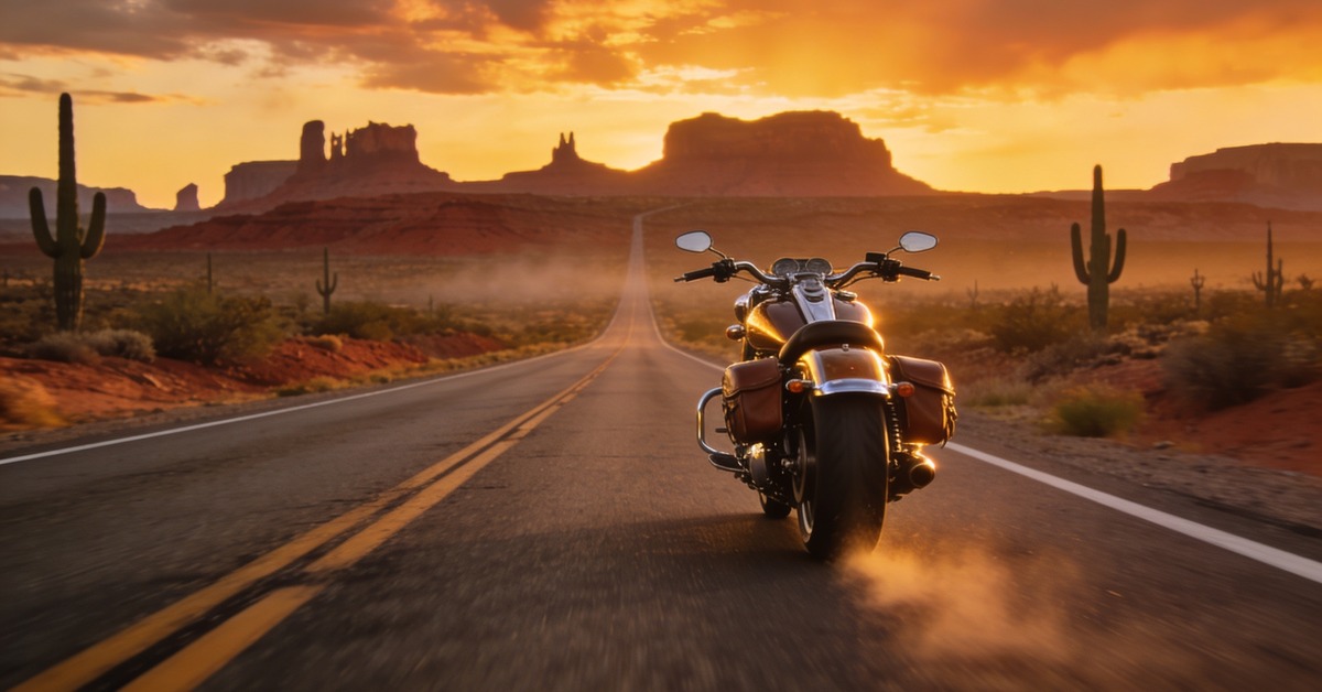 Motorradreise USA - Touring-Motorrad auf leerem Wüsten-Highway im Südwesten