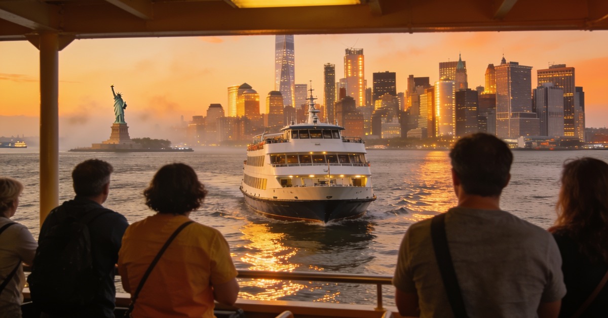 Bootstour New York: Sightseeing-Schiff vor der Skyline von Lower Manhattan und der Freiheitsstatue im Abendlicht