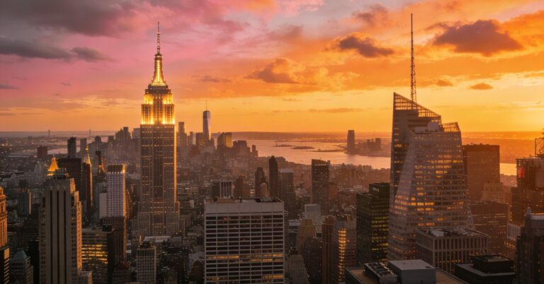 Empire State Building in der Manhattan-Skyline bei Sonnenuntergang