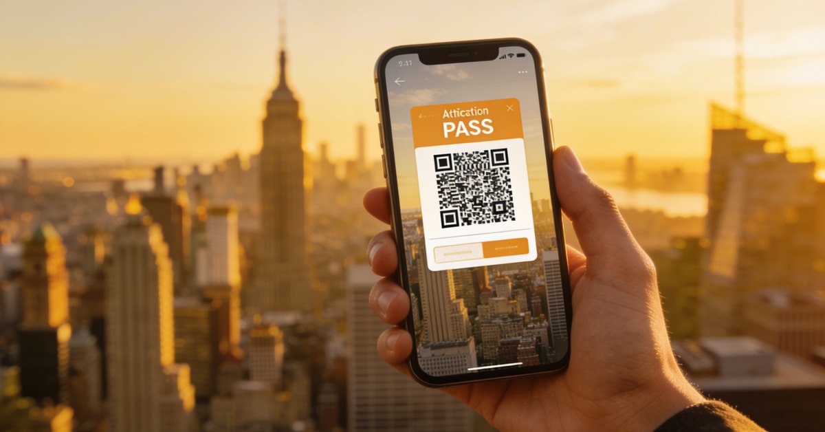 New York Pass Vergleich 2026: digitaler Sightseeing-Pass mit QR-Code vor der Manhattan-Skyline