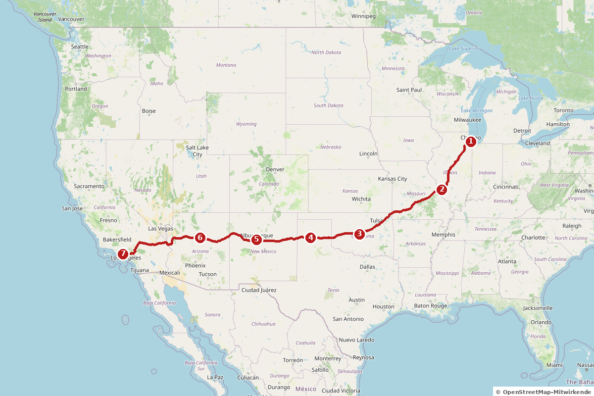 Karte der Route 66 von Chicago bis Santa Monica