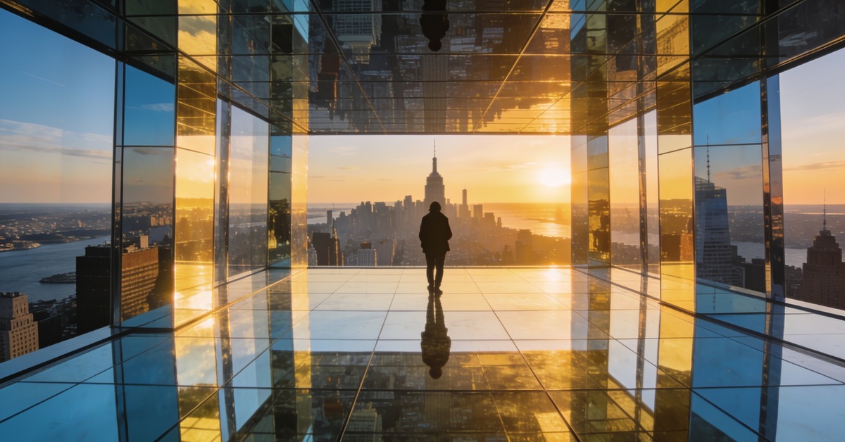 Verspiegelter Air-Raum im Summit One Vanderbilt mit Spiegelungen der New Yorker Skyline
