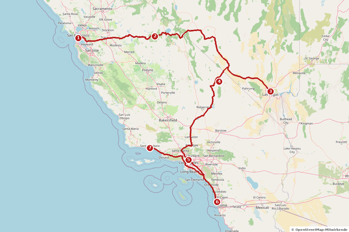 Karte der Westküsten-Route durch Kalifornien und Nevada
