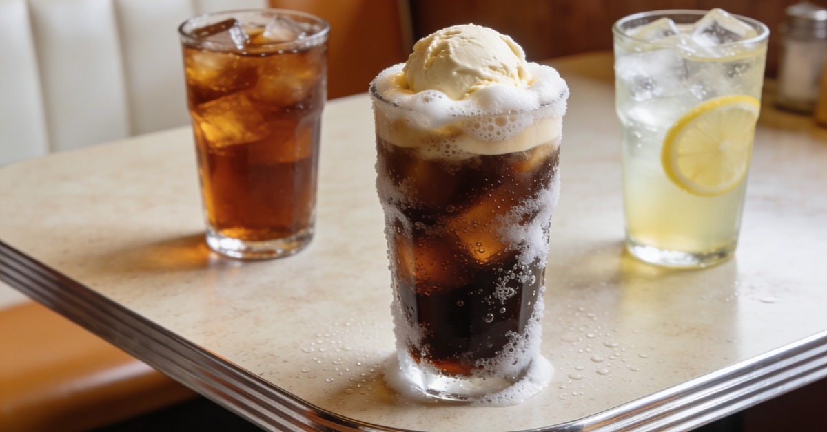 Amerikanische Getraenke: Root Beer Float mit Vanilleeis, Eistee und Lemonade in einem Diner