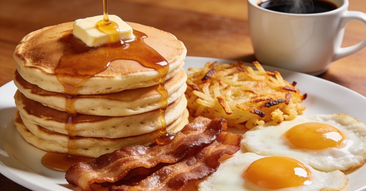 Amerikanisches Fruehstueck: Pancake-Stapel mit Sirup, Bacon, Spiegeleier, Hash Browns und Kaffee