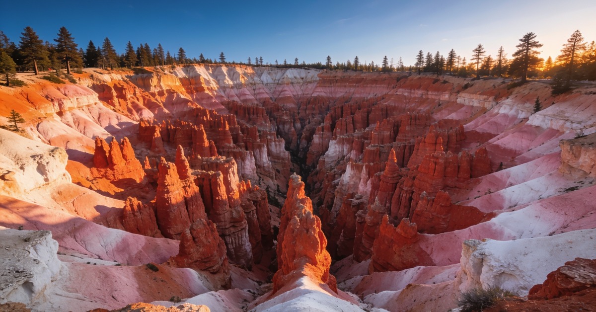 Bryce Canyon Nationalpark: Amphitheater voller rot-orangefarbener Hoodoos bei Sonnenlicht in Utah
