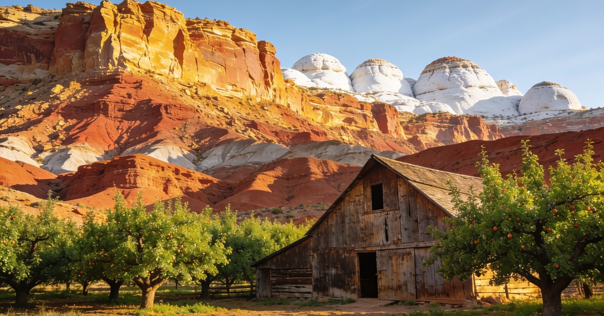 Capitol Reef Nationalpark, historische Fruita-Scheune vor roten Klippen und weissen Sandsteinkuppeln