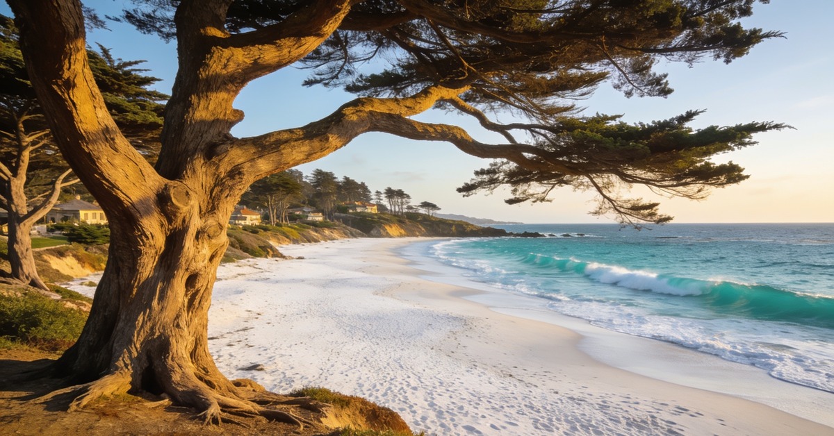 Carmel by the Sea: weißer Strand mit windgeformten Monterey-Zypressen im Abendlicht