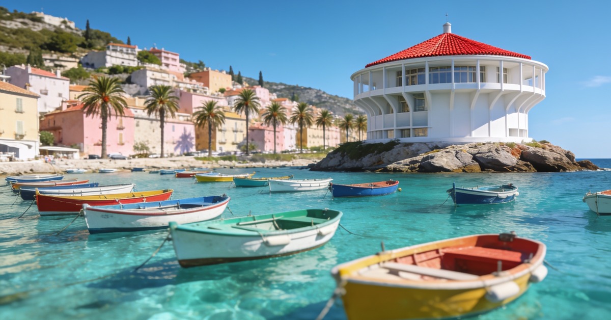 Catalina Island: Avalon-Bucht mit bunten Booten im türkisen Wasser und rundem Casino-Gebäude