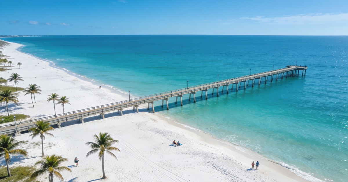 Clearwater Beach: weißer Sandstrand mit Angelpier und türkisem Wasser am Golf von Mexiko
