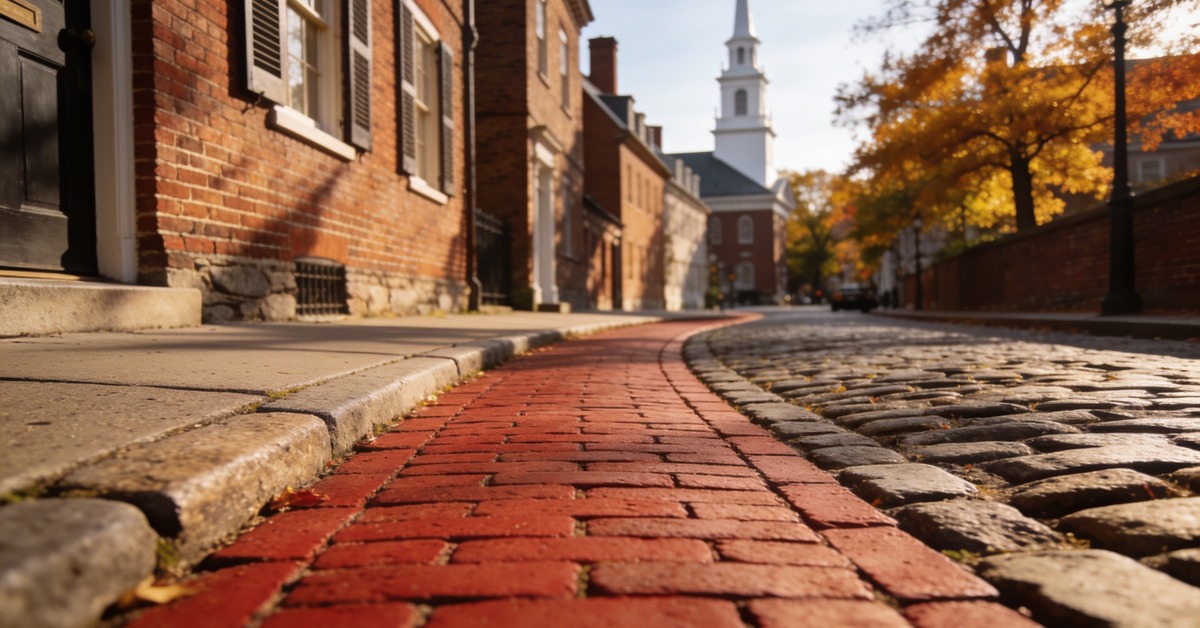 Rote Backsteinlinie des Freedom Trail im Kopfsteinpflaster einer historischen Straße in Boston