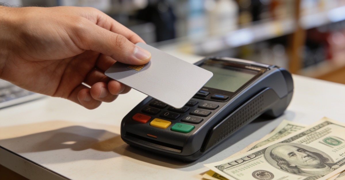 Kontaktlose Kartenzahlung an einem Terminal mit US-Dollar-Scheinen auf dem Tresen