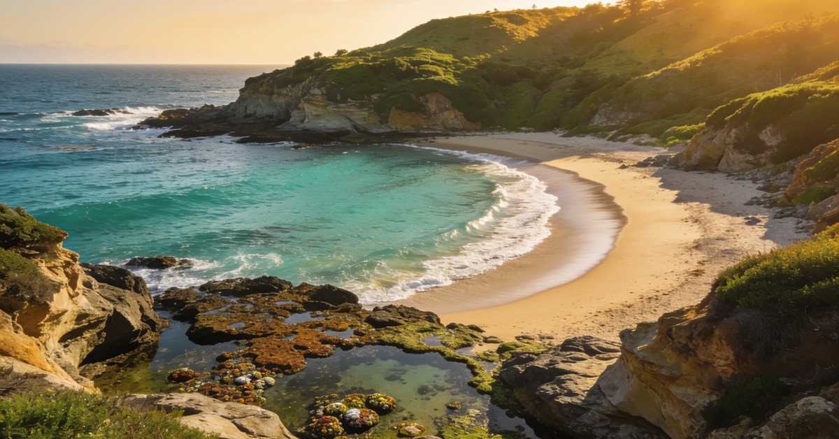Laguna Beach Kalifornien: Bucht mit türkisem Wasser, Felsklippen und Tide Pools bei Sonnenuntergang