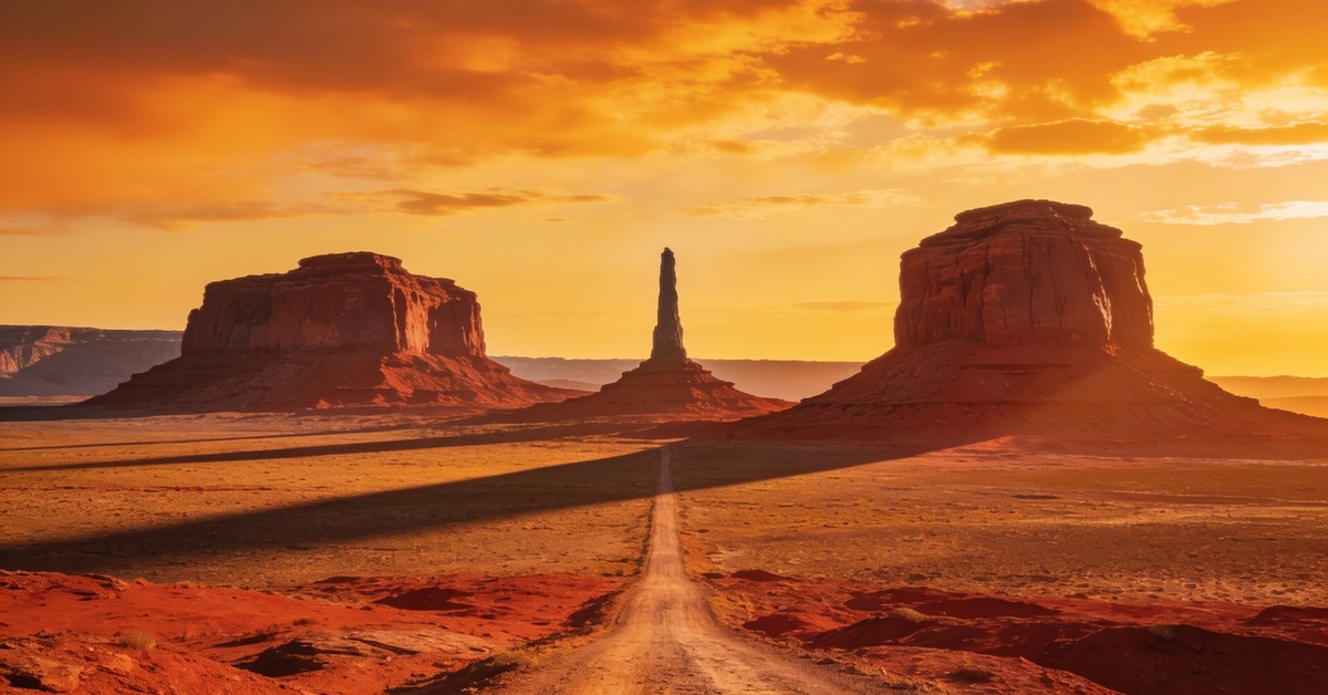 Monument Valley: die roten Mitten-Buttes und eine Felsnadel bei Sonnenuntergang mit Piste