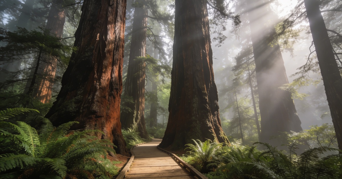 Bohlenweg zwischen uralten Redwoods im Muir Woods National Monument bei San Francisco