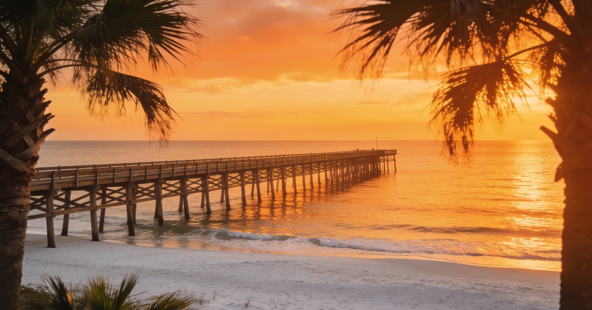 Naples Florida: historischer Holzpier am Golf von Mexiko bei goldenem Sonnenuntergang