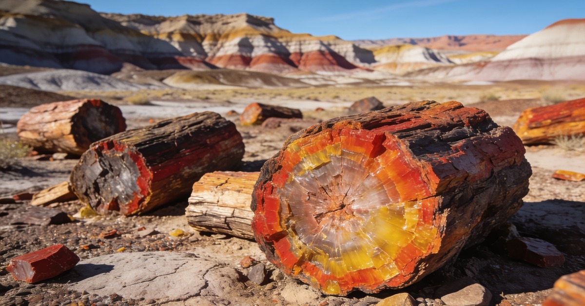 Buntes versteinertes Holz im Petrified Forest Nationalpark mit Painted Desert