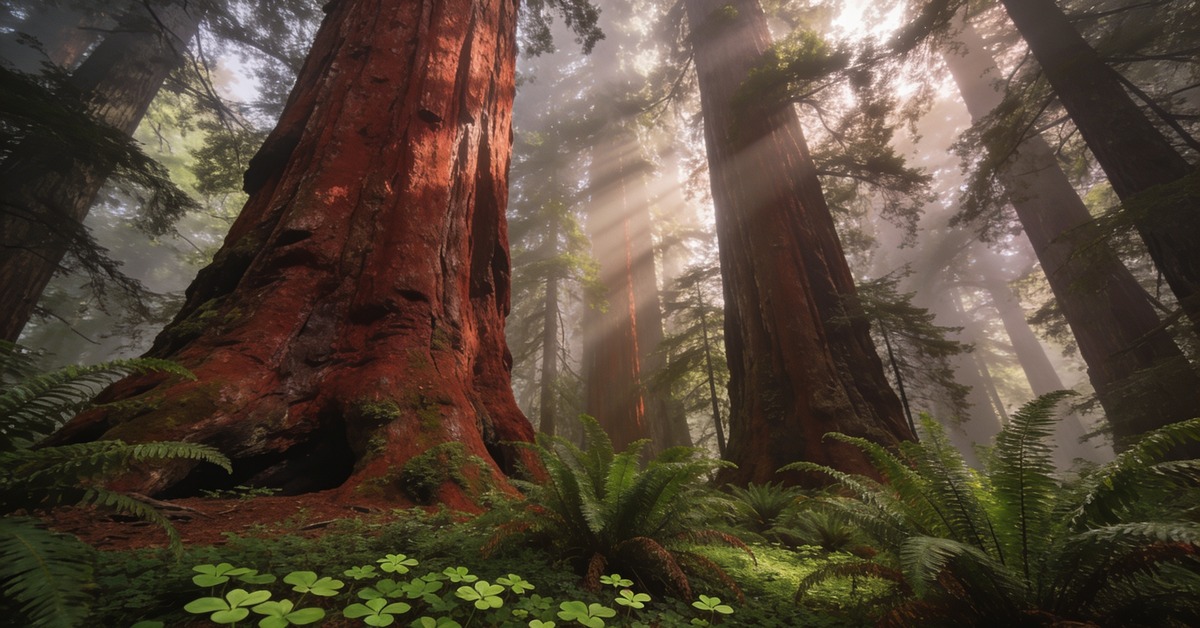 Redwood Nationalpark: riesige Küstenmammutbäume im Nebel mit Farnen am Waldboden