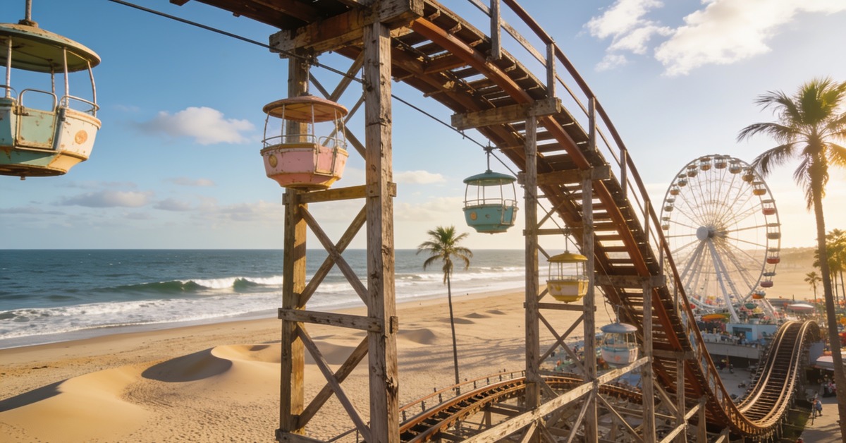 Santa Cruz Kalifornien: Beach Boardwalk mit hölzerner Achterbahn und Riesenrad am Strand