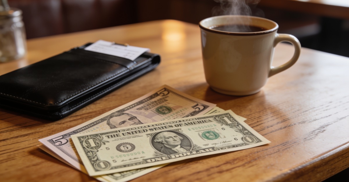Trinkgeld USA: Ein- und Fünf-Dollar-Scheine als Trinkgeld auf einem Restauranttisch neben Kaffee und Rechnungsmappe