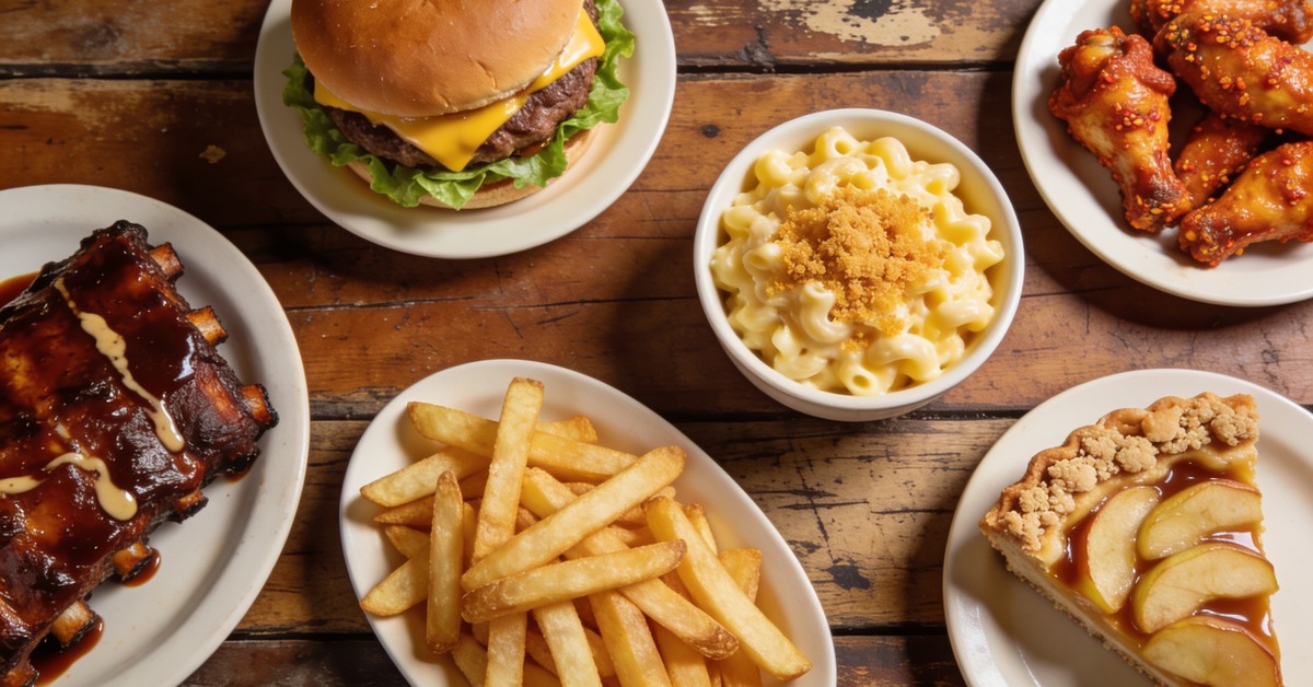 Typisch amerikanisches Essen: Cheeseburger, BBQ Ribs, Buffalo Wings, Mac and Cheese und Apple Pie
