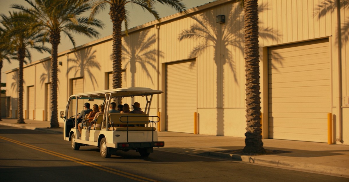 Offener Tour-Cart mit Besuchern auf dem Backlot der Warner Bros Studio Tour Hollywood