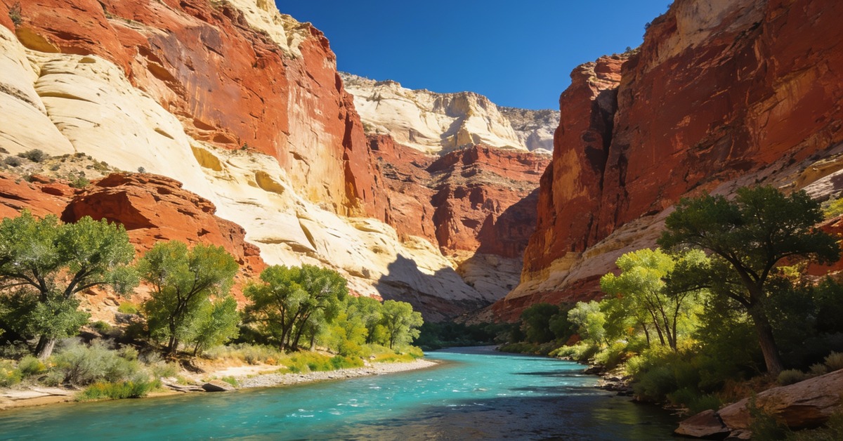 Zion Nationalpark: rote Sandsteinwände über der türkisen Virgin River in Utah